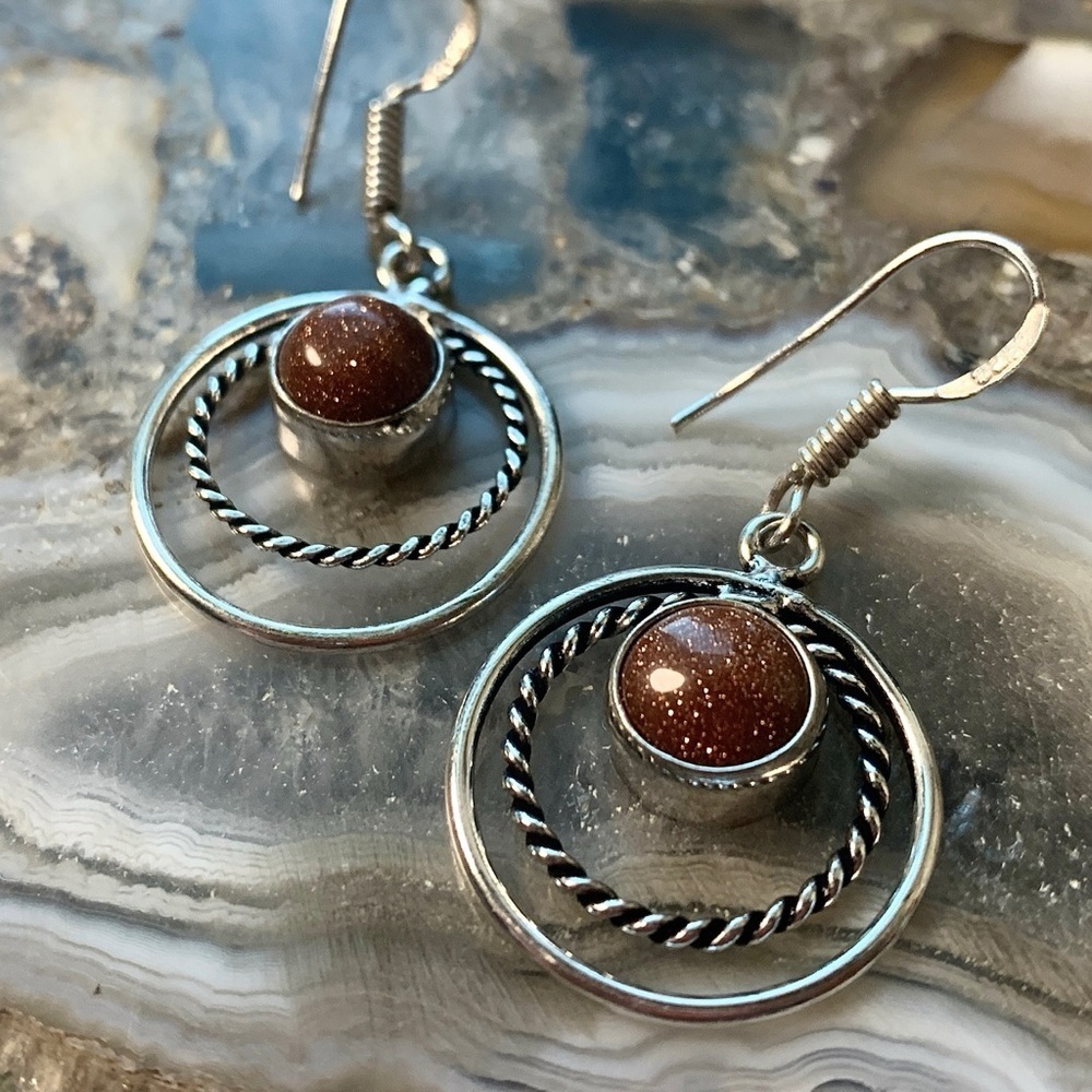2351 Twisted Silver and Brown Gemstone Earrings